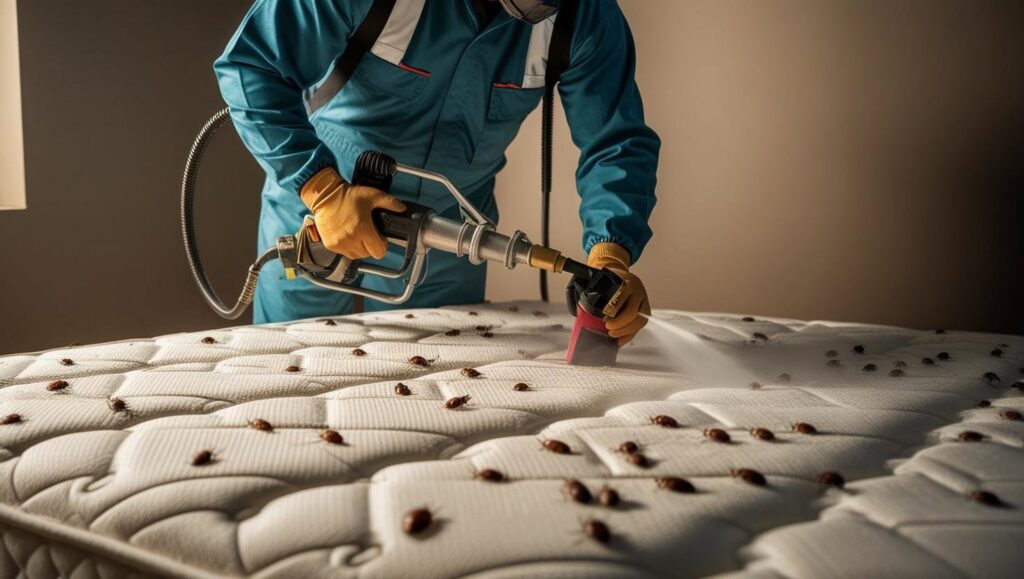 A pest control technician from Buzz Kill Pest Control spraying a mattress to eliminate bed bugs in a home in Indianapolis, IN.