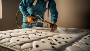 A pest control technician from Buzz Kill Pest Control spraying a mattress to eliminate bed bugs in a home in Indianapolis, IN.