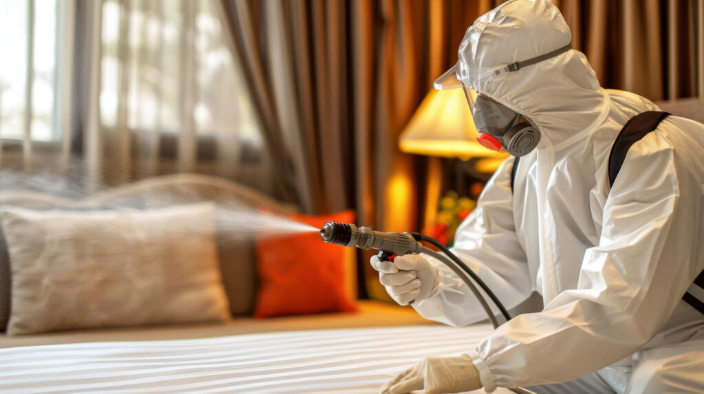 A technician in a protective suit spraying a bed for pest control services by Venum Pest Solutions in Fayetteville, NC.