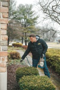 A pest control technician spraying around bushes and the perimeter of a house for Complete Pest Solutions of Canton in North Canton, OH.