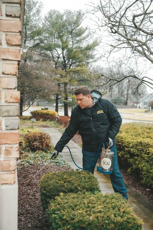 A pest control technician spraying around bushes and the perimeter of a house for Complete Pest Solutions of Canton in North Canton, OH.