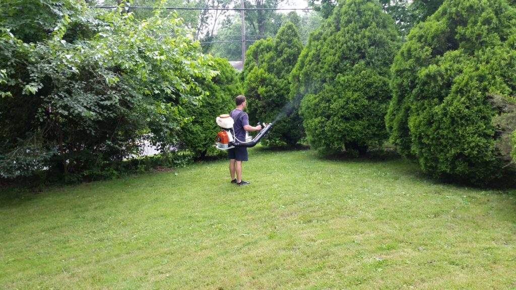 A Mosquito Mob technician spraying bushes with a backpack sprayer for mosquito control in Wilmington, DE.