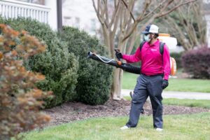 A Mosquito Authority technician wearing a mask and backpack sprayer treating bushes for pest control in Charlotte, NC.