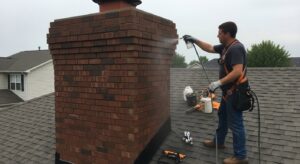 A Lone Star Chimney technician spraying a brick chimney on a roof, likely for waterproofing, in Houston, TX.