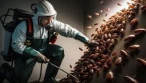 A pest control technician from Buzz Kill Pest Control spraying a large cockroach infestation along a wall in Indianapolis, IN.