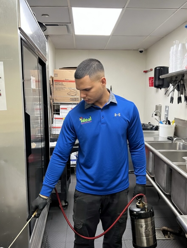 A technician from Ideal Pest Control Inc spraying for pests in a commercial kitchen in Miami, FL.
