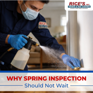 A technician spraying a door frame inside a home for pest control at Rice's, Inc. Termite & Pest Control in Salisbury, MD