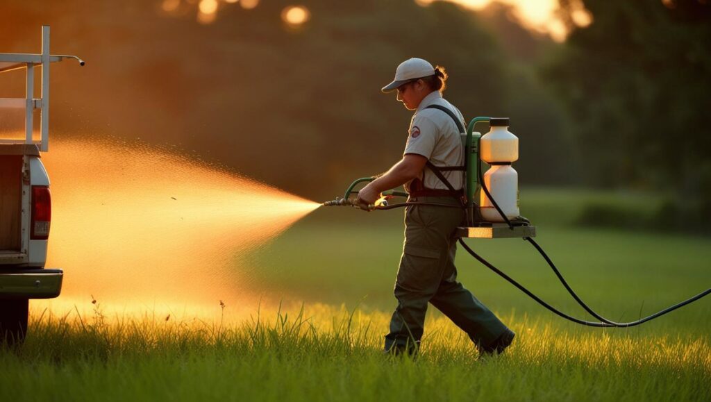 A pest control technician from Buzz Kill Pest Control spraying a field to manage outdoor pests in Indianapolis, IN.