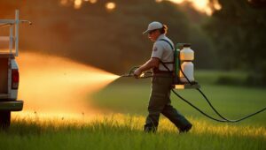 A pest control technician from Buzz Kill Pest Control spraying a field to manage outdoor pests in Indianapolis, IN.