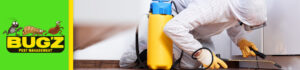 A pest control technician in a protective suit spraying for pests at Bugz Pest Management in Plymouth, IN