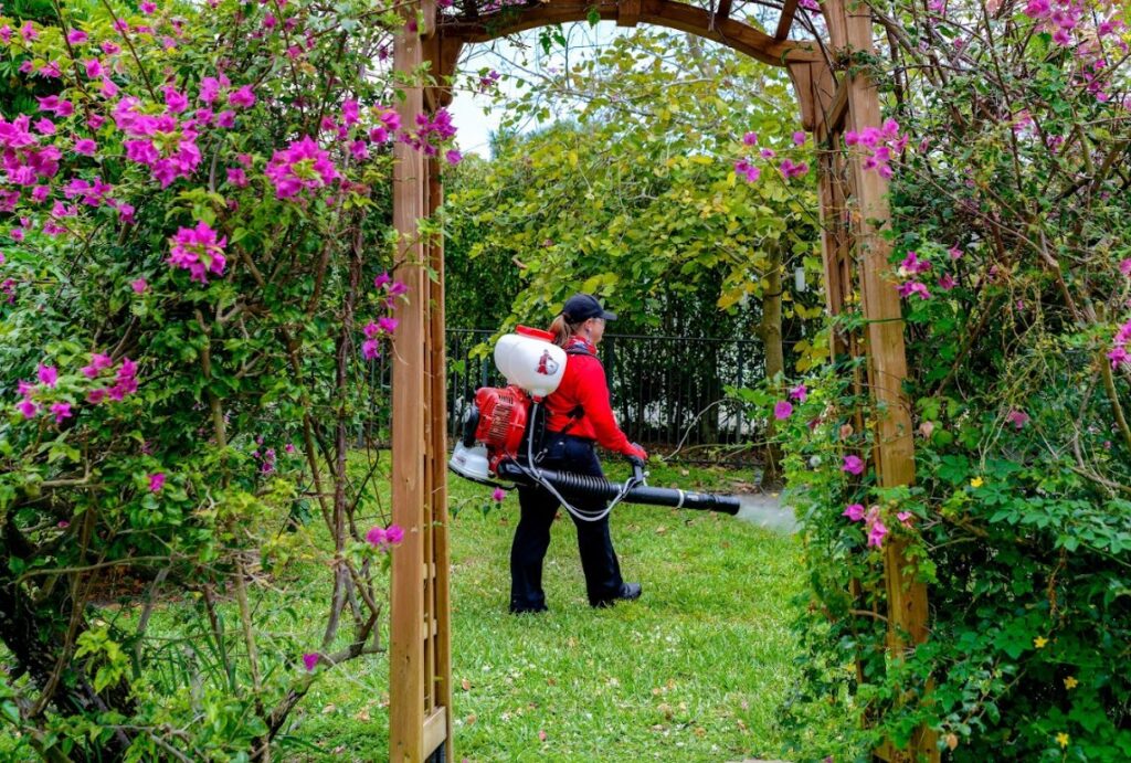 A Mosquito Shield of Savannah technician spraying a lush garden area for pest control in Savannah, GA.