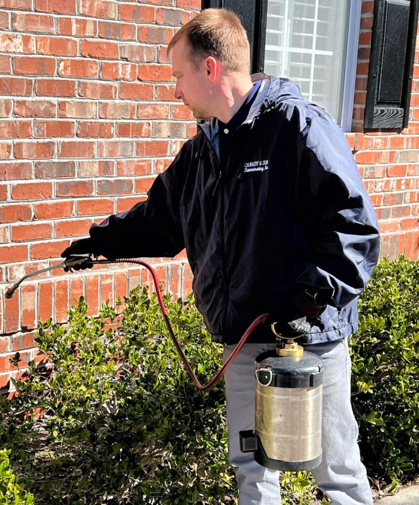 A Canady & Son Exterminating technician spraying the exterior foundation and bushes of a brick house for pest control in Wilmington, NC.