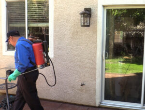 A Millennium Termite & Pest technician spraying a house exterior for pest control services in Sacramento, CA