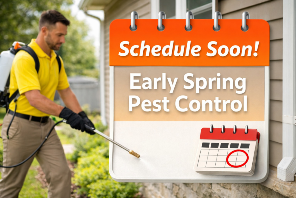 A pest control technician from The Bug Man spraying the exterior of a house for early spring pest control in Ankeny, IA.