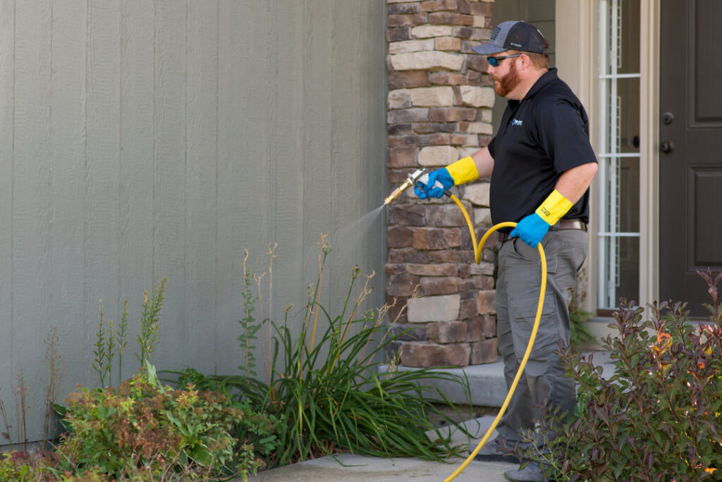 A KC Pest Experts technician spraying around a house foundation for pest control in Olathe, KS.