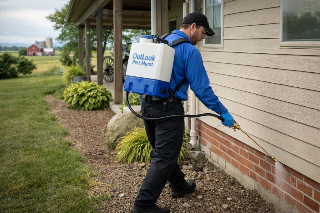 A technician from OutLook Pest Management spraying the foundation of a house for pest control in Canby, OR.