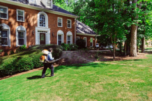 A pest control technician using a backpack sprayer to treat a residential lawn for Lookout Pest Birmingham, AL.