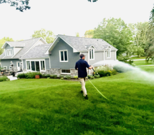 A Green Harmony technician spraying a residential lawn for pest control services in Oconomowoc, WI.