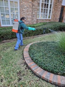 A pest control technician spraying the outdoor perimeter of a house for Roberts Termite & Pest Control in Austin, TX