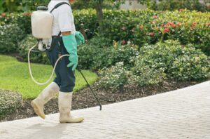 A pest control technician using a backpack sprayer for outdoor treatment by Garcia Pest Management in Denver, CO.