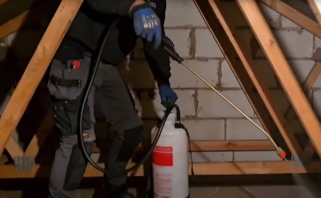 A pest control technician spraying pest treatment in an attic for comprehensive rodent control by Rodent Control Cleveland in Cleveland, OH.