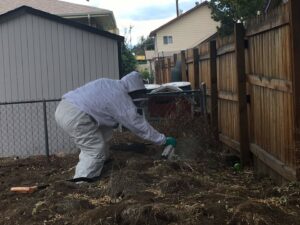 A Berrett Pest Control Denver technician in a protective suit spraying pest treatment in a backyard in Denver, CO.
