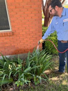 A Berrett Pest Control Denver technician spraying plants near a house for pest control in Denver, CO.