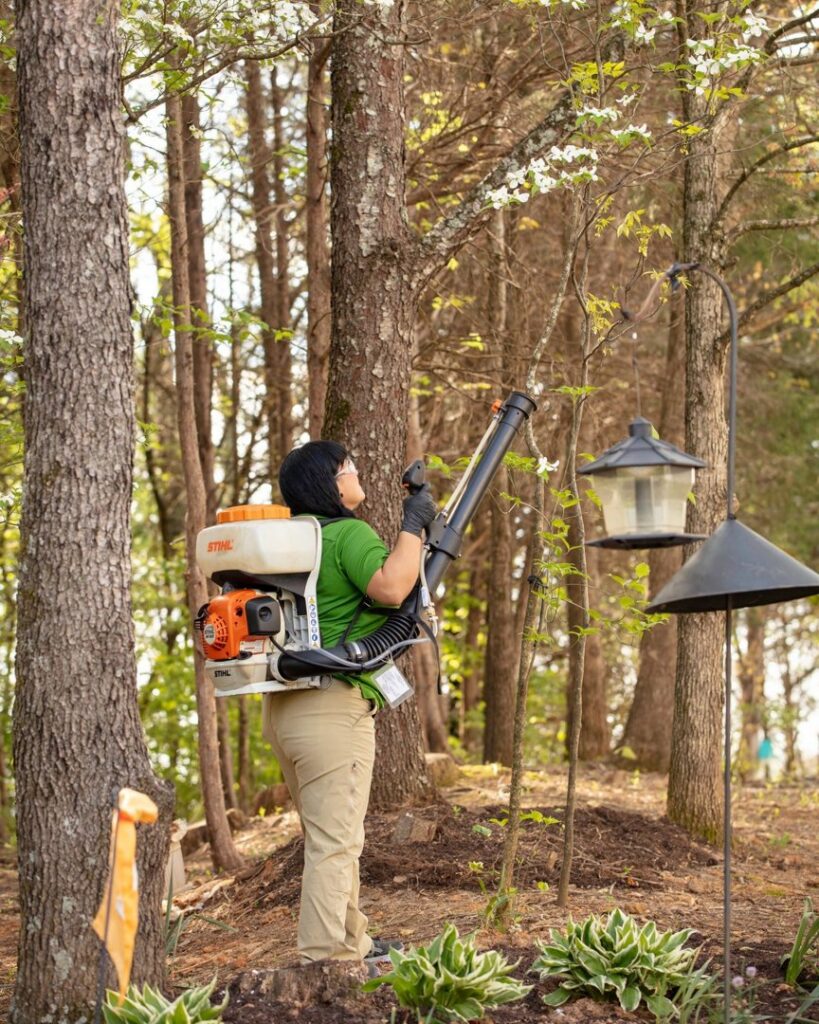 A Pest-Ops technician spraying trees in a wooded area for pest control services in Knoxville, TN.