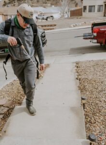 A Box Pest Control technician applying pest treatment along a residential walkway in Farmington, NM.