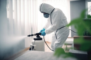 A technician in a protective suit spraying a wall for pest control services by Venum Pest Solutions in Fayetteville, NC.