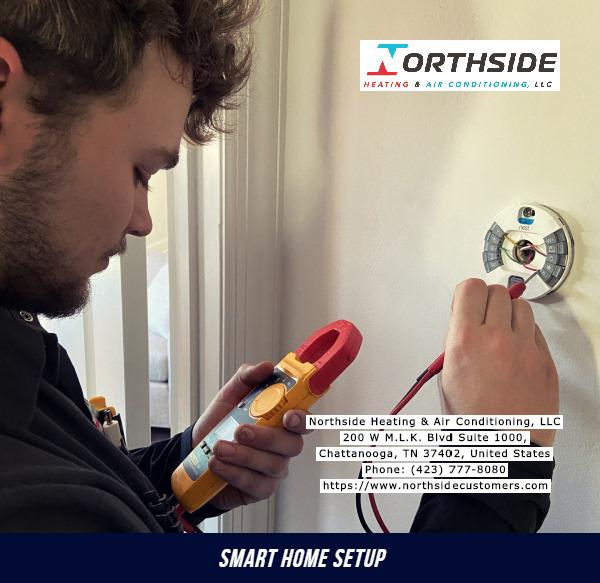 A technician testing smart thermostat wiring with a multimeter for Air Conditioning Repair Service in Chattanooga, TN