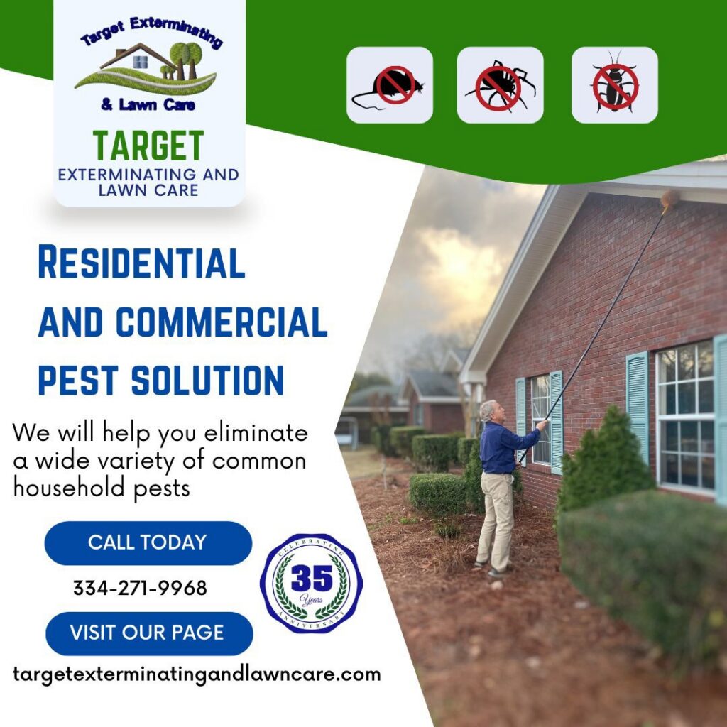 A Target Exterminating technician treating house eaves with a long pole for pest control in Montgomery, AL.