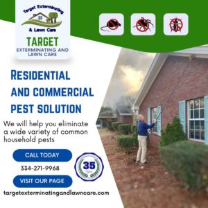 A Target Exterminating technician treating house eaves with a long pole for pest control in Montgomery, AL.