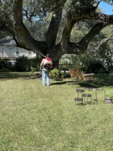 A Solutions Pest Management technician using a backpack sprayer for yard pest treatment in Corpus Christi, TX.