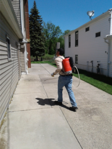 An AP Pest Control technician walking with a backpack sprayer for pest treatment in Buffalo, NY.