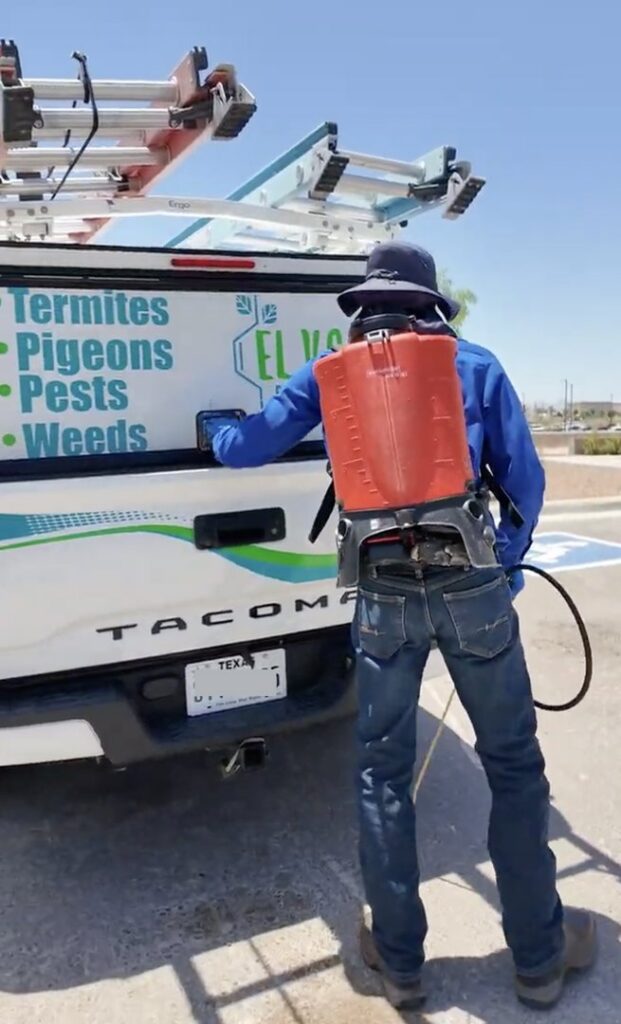 A technician from El Valle Pest Control wearing a backpack sprayer, preparing for a pest treatment in El Paso, TX