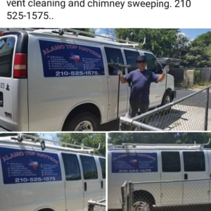 A technician from Alamo Top Hatters of Texas holding chimney sweep tools in San Antonio, TX, ready for a job.