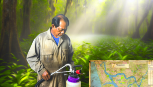 A pest control technician holding a sprayer in a green outdoor environment for Mosquito Eliminators in Hattiesburg, MS