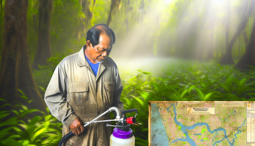 A pest control technician holding a sprayer in a green outdoor environment for Mosquito Eliminators in Hattiesburg, MS