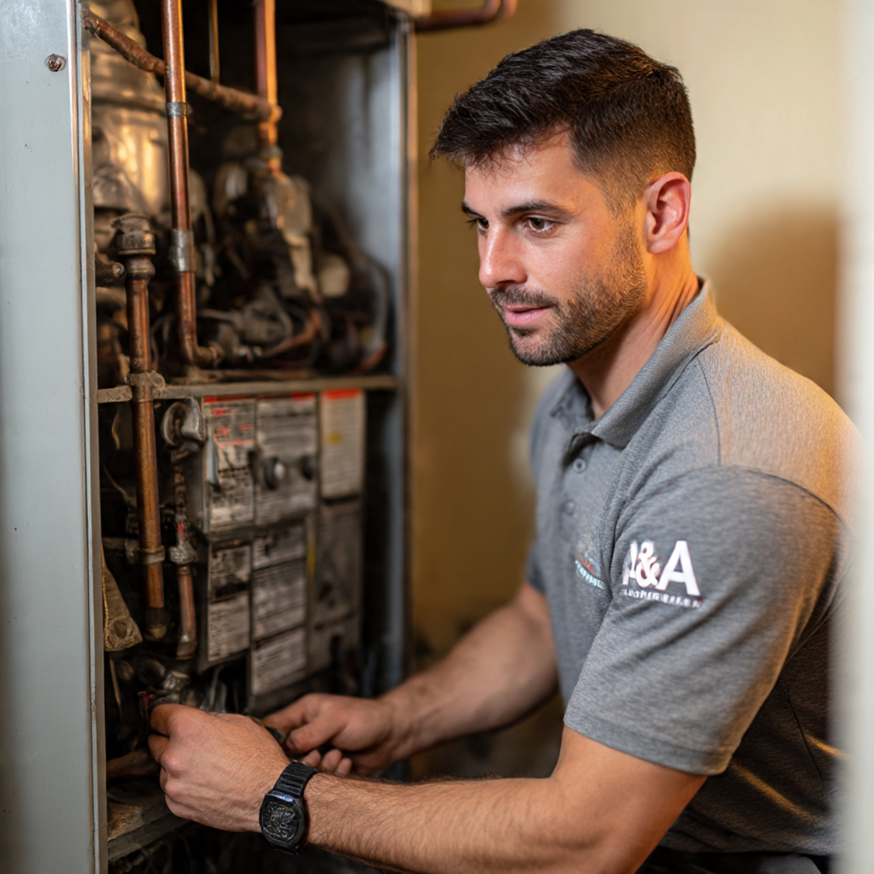 A technician from A & A Air Conditioning & Heating performing maintenance on a furnace in Little Rock, AR.