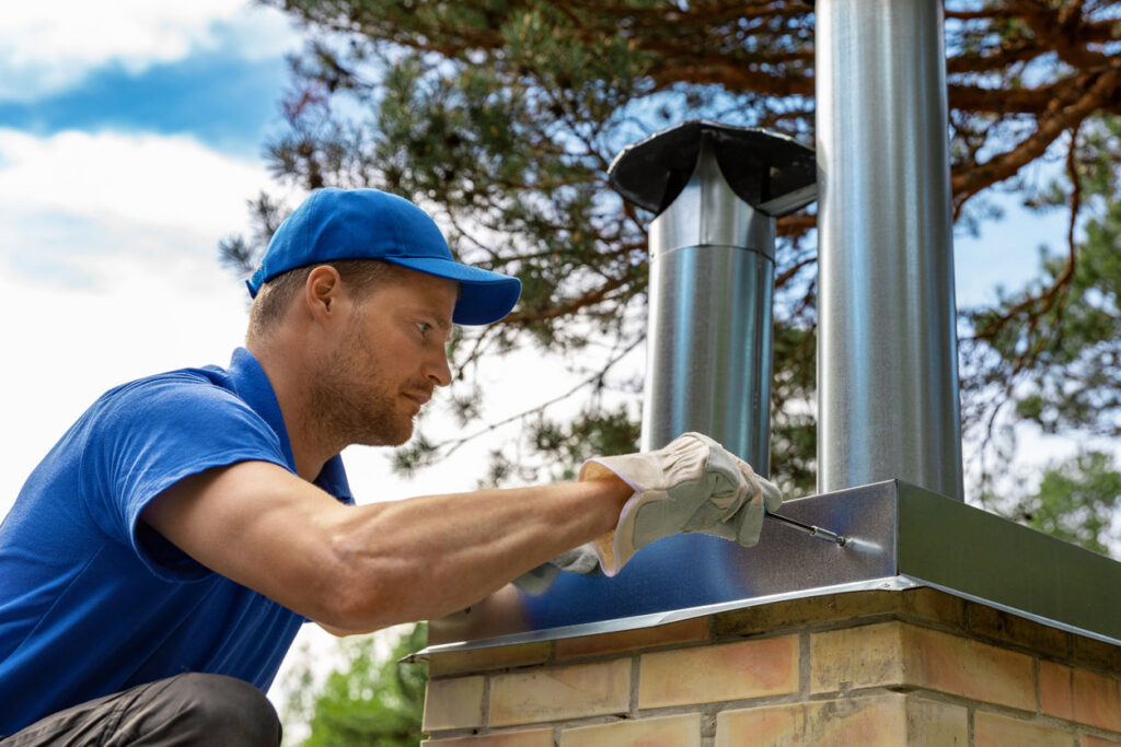 A technician from Top Chimney Fix installing or repairing a metal chimney flue on a brick chimney in Denver, CO.