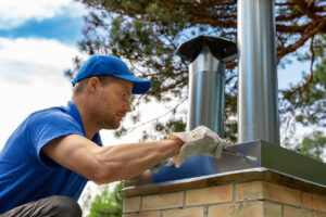 A technician from Top Chimney Fix installing or repairing a metal chimney flue on a brick chimney in Denver, CO.