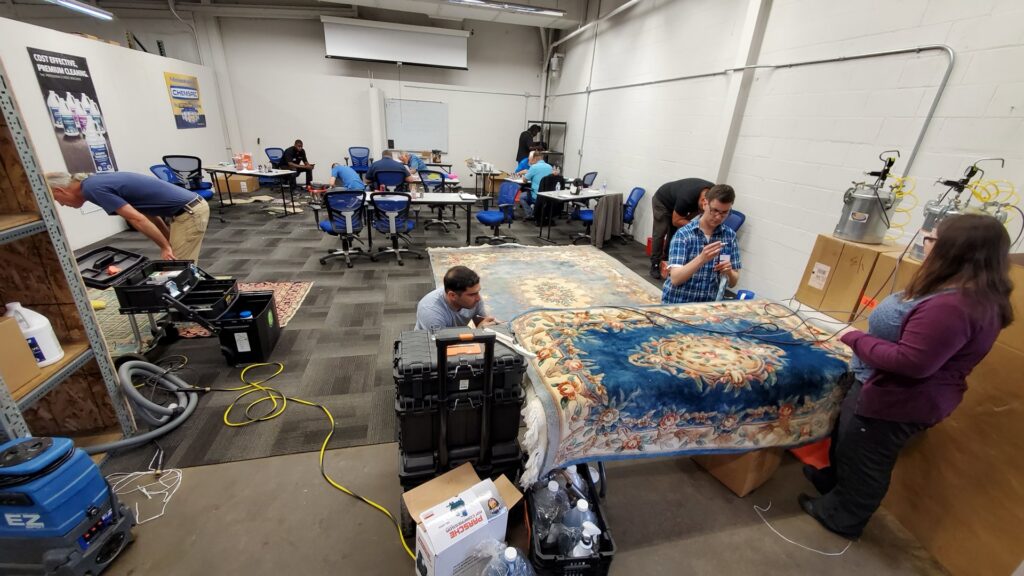 Technicians meticulously cleaning and restoring area rugs at Rochester Cleanpro in Rochester, NY.
