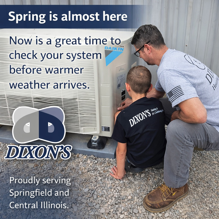Two technicians from Dixon's Heating & Air Conditioning, Inc. inspecting an outdoor HVAC unit in Athens, IL