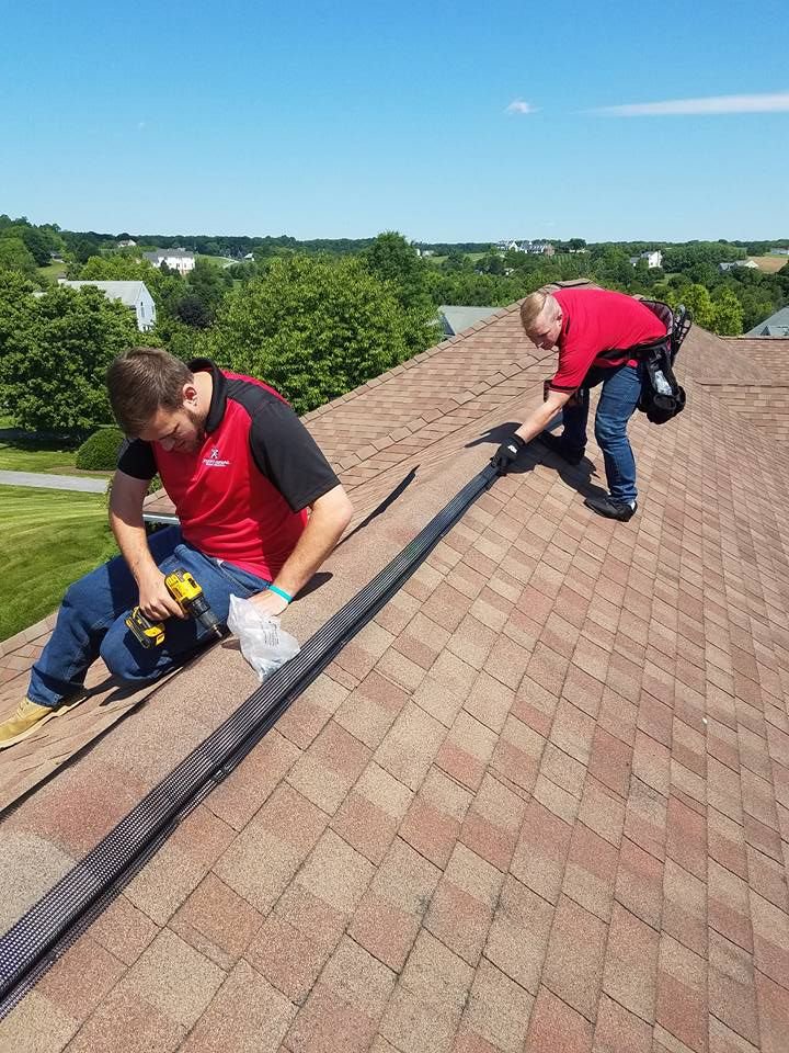 Two technicians from Xceptional Wildlife Removal Jacksonville, FL, installing a wildlife exclusion barrier on a residential roof.