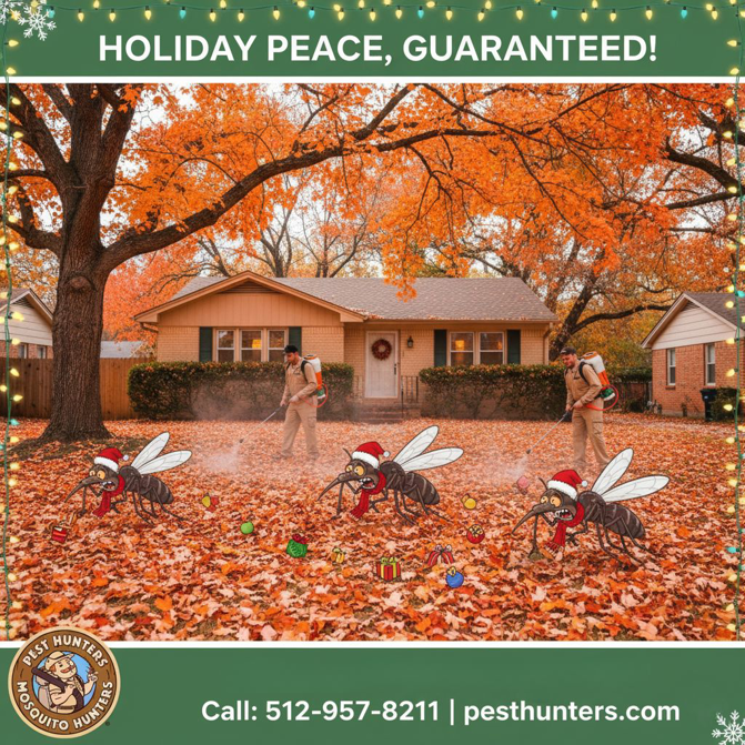 Two Mosquito Hunters of Austin - Round Rock - Pflugerville technicians spraying a residential yard for mosquito control in Austin, TX.