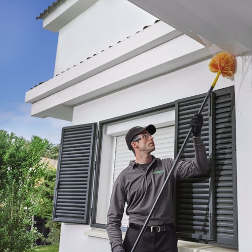 A Terminix technician removing cobwebs from the exterior of a house in Springfield, IL.