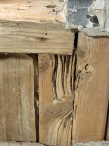 Close-up of severe termite damage on a wooden structure, showing tunnels, addressed by Nex Pro Pest Control in Atlanta, GA