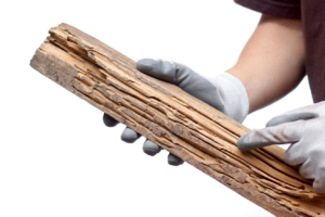 Hands in gloves inspecting wood severely damaged by termites, a service provided by Perdue Exterminators in Roanoke, VA.