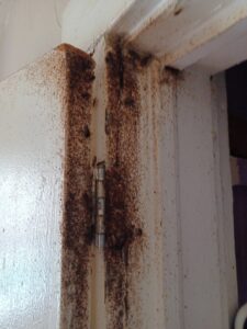Heavy termite frass or insect droppings on a door frame, indicating a severe pest infestation treated by A Better Way Pest Solutions LLC in Rock Hill, SC